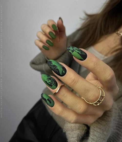 Матовые ногти зеленый дизайн