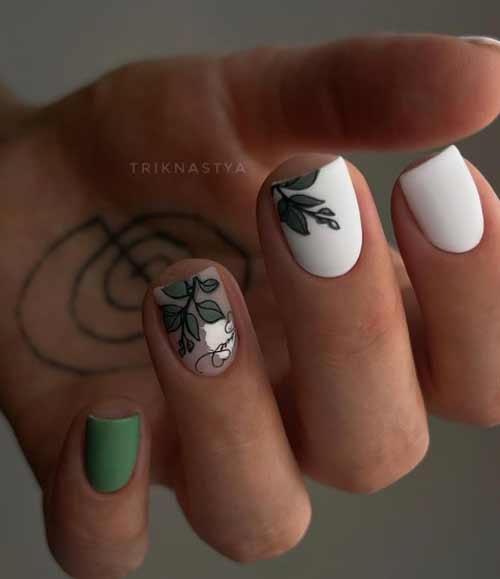 Матовый дизайн ногтей с листьями