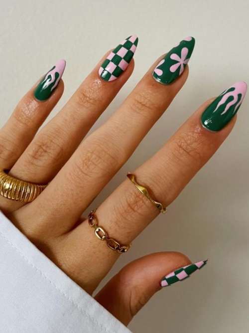 Розовый нейл-арт на зеленых ногтях