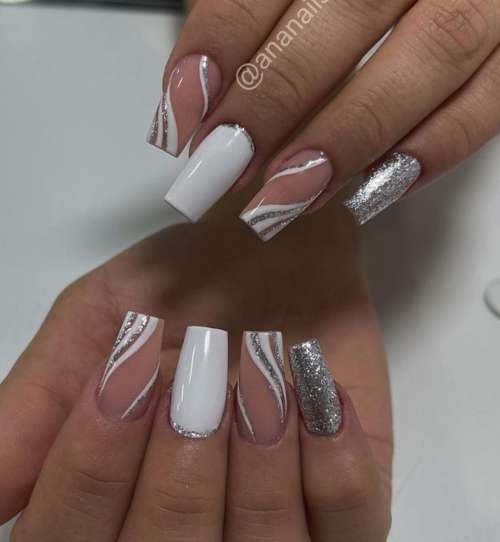 Белые и серебристые линии на ногтях